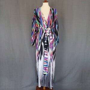 Natori Small Stripe Long Robe Charmeuse Black Purple White Semi Sheer